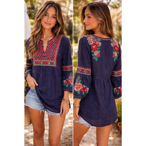 Johnny Was Bouquet Burnout Nephele Tunic Small Navy Embroidered Boho NWT $390